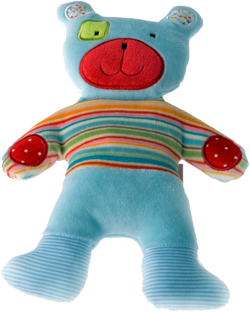 Ein blauer Teddy mit roter Schnauze und Tatzen und Regenbogenmuster auf der Brust
